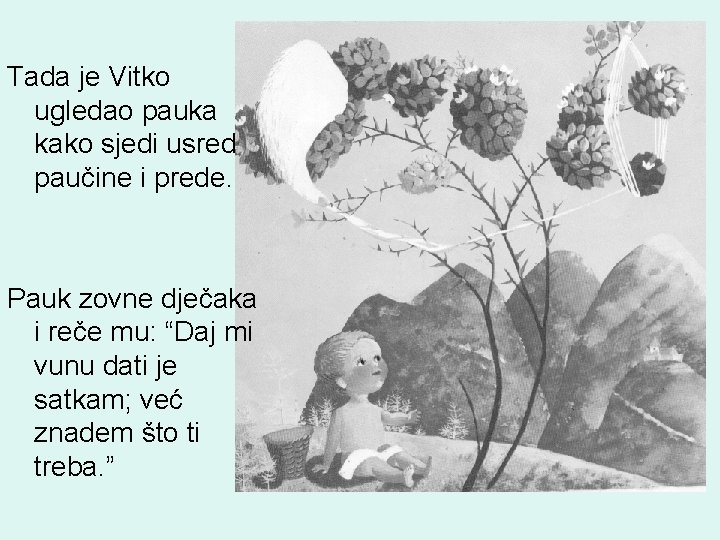 Tada je Vitko ugledao pauka kako sjedi usred paučine i prede. Pauk zovne dječaka