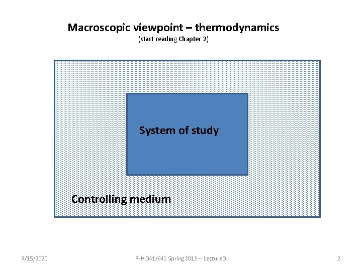 Macroscopic viewpoint – thermodynamics (start reading Chapter 2) System of study Controlling medium 9/15/2020