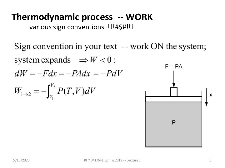 Thermodynamic process -- WORK various sign conventions !!!#$#!!! 9/15/2020 PHY 341/641 Spring 2012 --