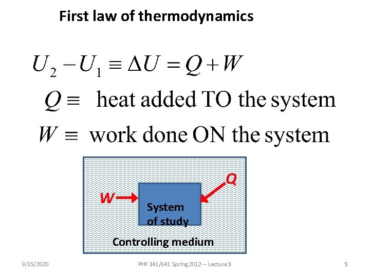 First law of thermodynamics W Q System of study Controlling medium 9/15/2020 PHY 341/641