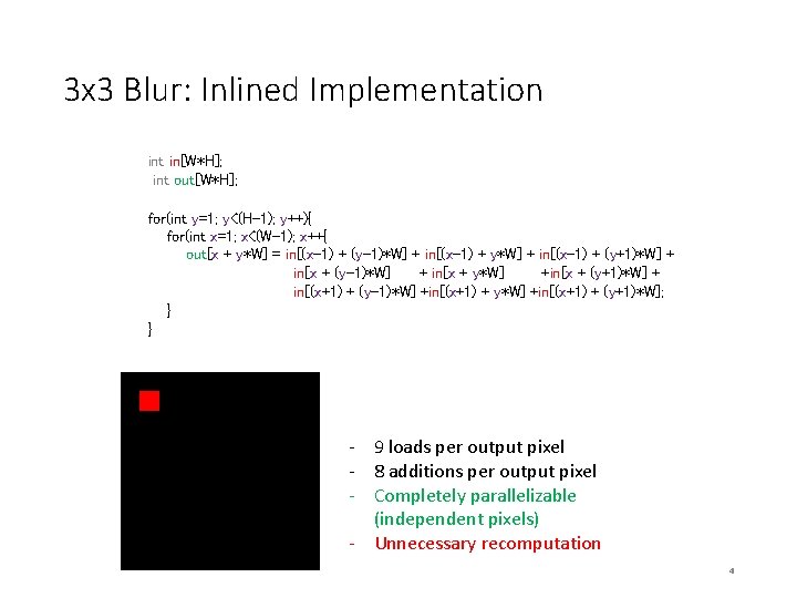 3 x 3 Blur: Inlined Implementation int in[W*H]; int out[W*H]; for(int y=1; y<(H-1); y++){