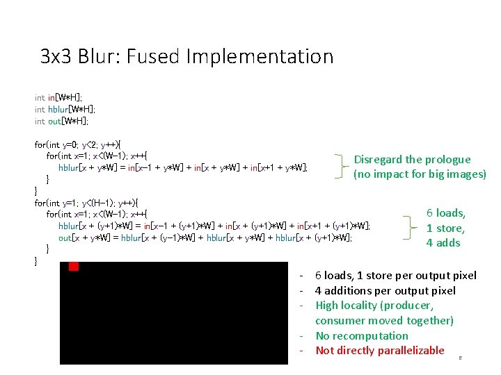 3 x 3 Blur: Fused Implementation int in[W*H]; int hblur[W*H]; int out[W*H]; for(int y=0;