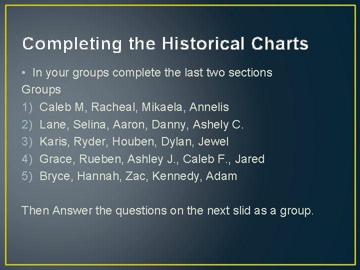 Completing the Historical Charts • In your groups complete the last two sections Groups