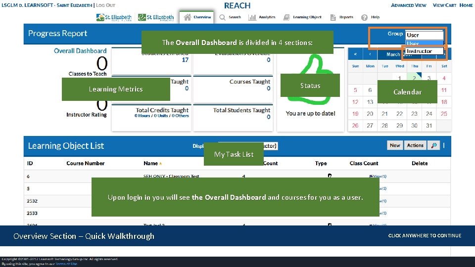 The Overall Dashboard is divided in 4 sections: Status Learning Metrics Calendar My Task