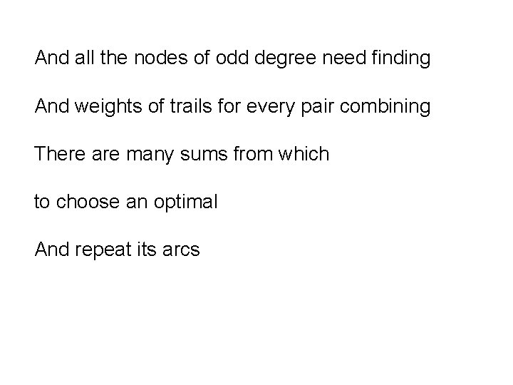 And all the nodes of odd degree need finding And weights of trails for