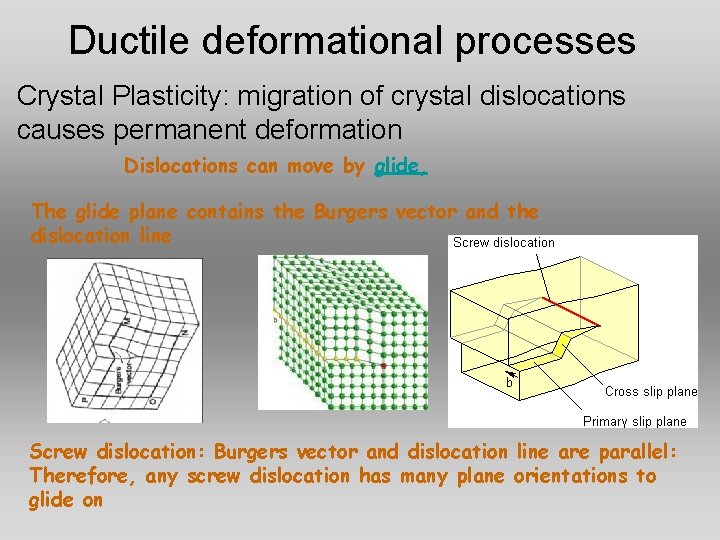 Ductile deformational processes Crystal Plasticity: migration of crystal dislocations causes permanent deformation Dislocations can