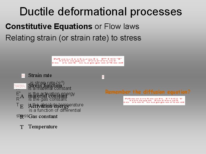 Ductile deformational processes Constitutive Equations or Flow laws Relating strain (or strain rate) to