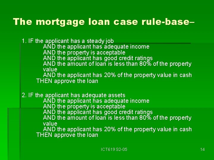 The mortgage loan case rule-base– 1. IF the applicant has a steady job AND