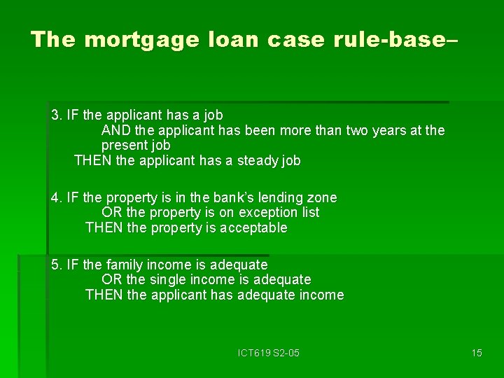 The mortgage loan case rule-base– 3. IF the applicant has a job AND the