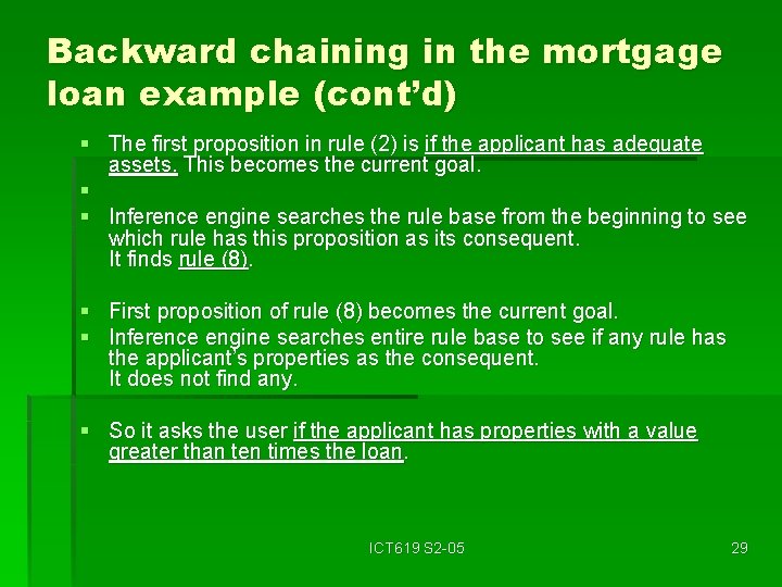 Backward chaining in the mortgage loan example (cont’d) § The first proposition in rule