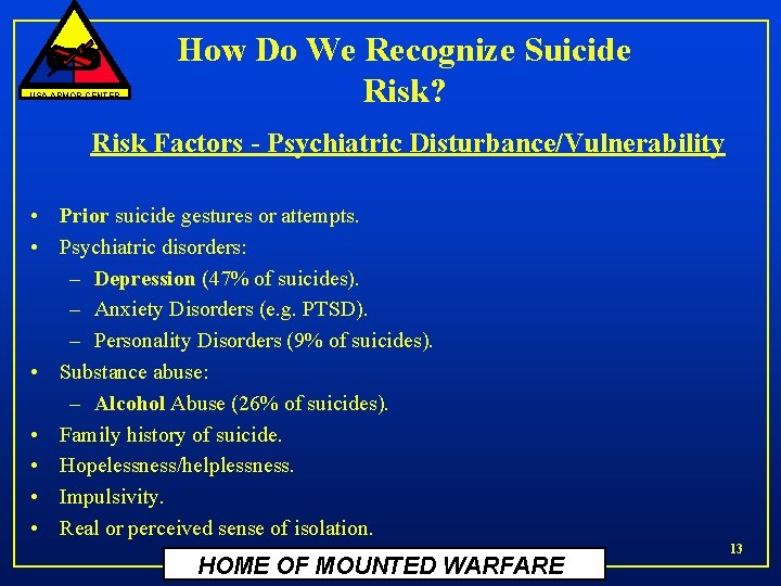 USA ARMOR CENTER How Do We Recognize Suicide Risk? Risk Factors - Psychiatric Disturbance/Vulnerability