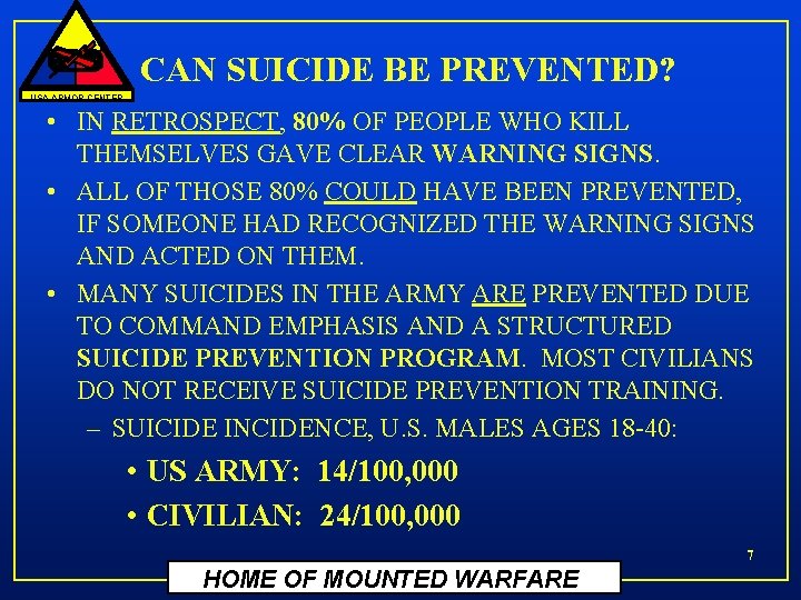 CAN SUICIDE BE PREVENTED? USA ARMOR CENTER • IN RETROSPECT, 80% OF PEOPLE WHO