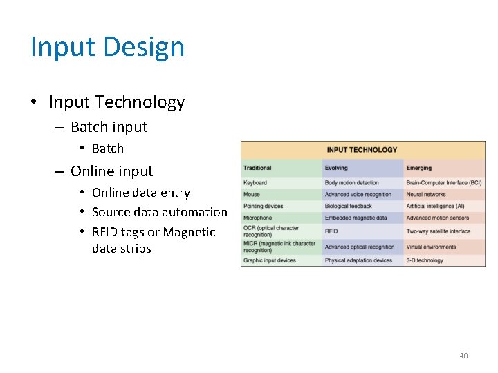 Input Design • Input Technology – Batch input • Batch – Online input •