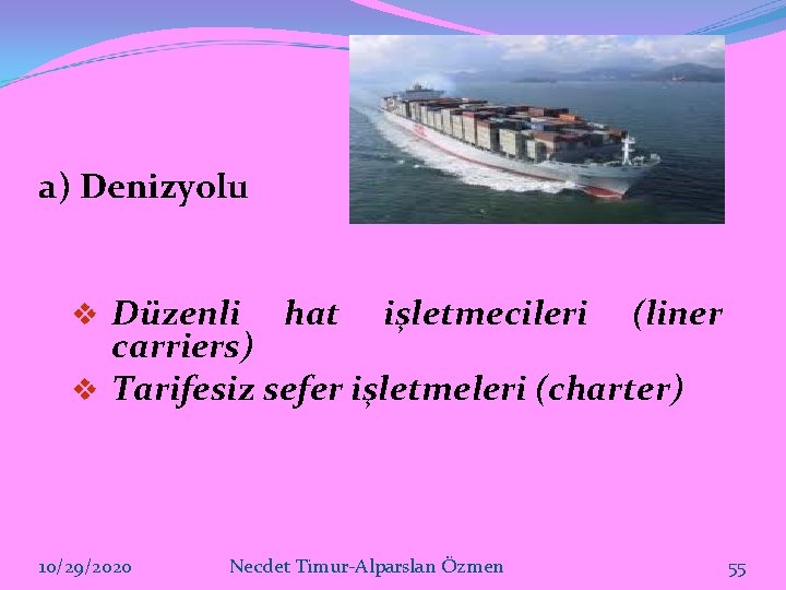 a) Denizyolu v Düzenli hat işletmecileri (liner carriers) v Tarifesiz sefer işletmeleri (charter) 10/29/2020