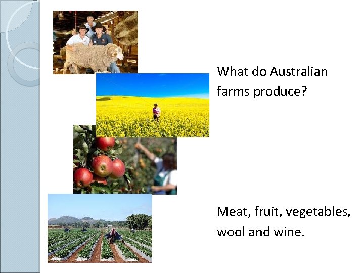 What do Australian farms produce? Meat, fruit, vegetables, wool and wine. 