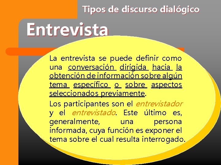 Tipos de discurso dialógico Entrevista La entrevista se puede definir como una conversación dirigida