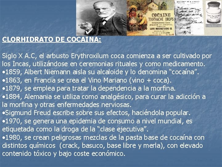 CLORHIDRATO DE COCAÍNA: Siglo X A. C, el arbusto Erythroxilum coca comienza a ser