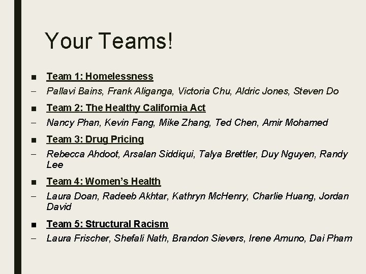 Your Teams! ■ Team 1: Homelessness – Pallavi Bains, Frank Aliganga, Victoria Chu, Aldric