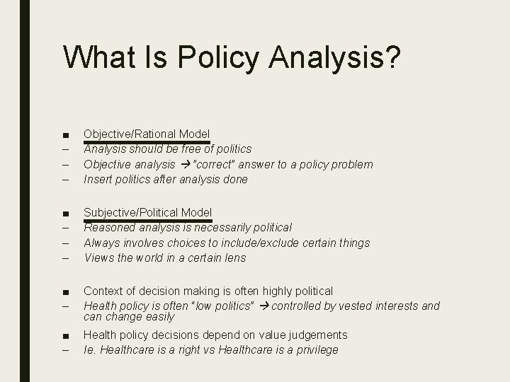 What Is Policy Analysis? ■ – – – Objective/Rational Model Analysis should be free