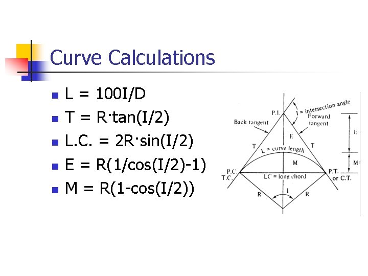 Curve Calculations n n n L = 100 I/D T = R·tan(I/2) L. C.