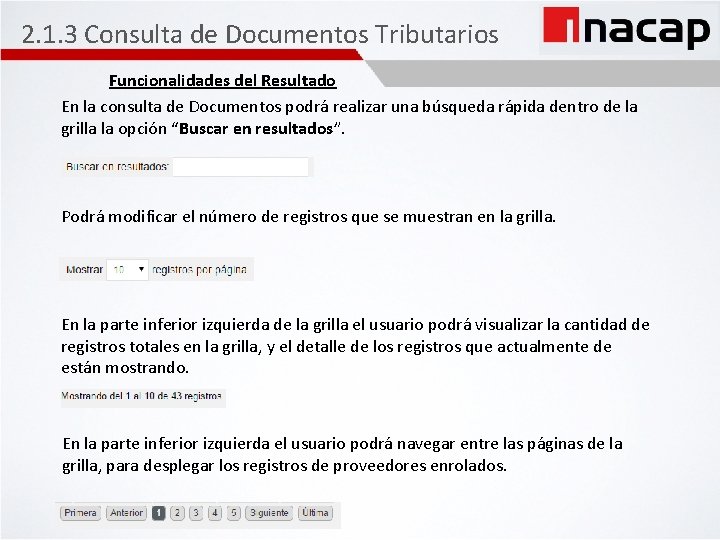 2. 1. 3 Consulta de Documentos Tributarios Funcionalidades del Resultado En la consulta de