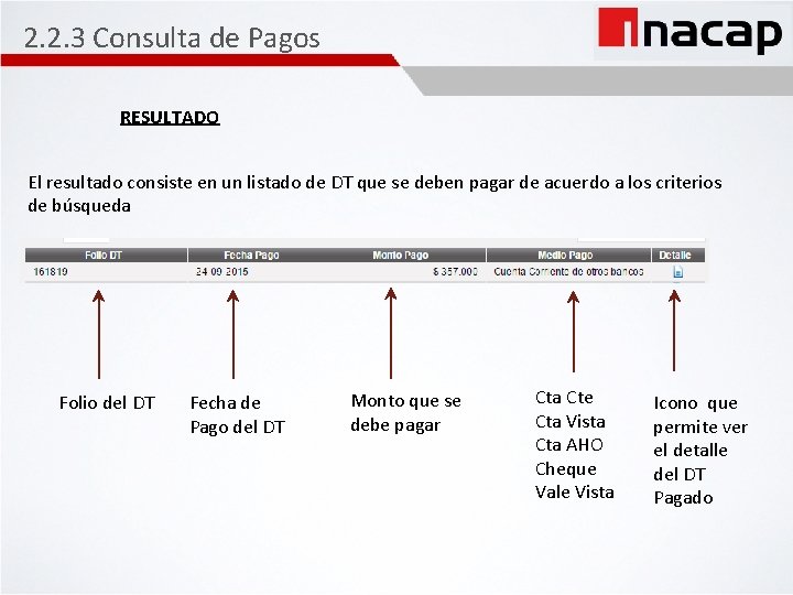 2. 2. 3 Consulta de Pagos RESULTADO El resultado consiste en un listado de