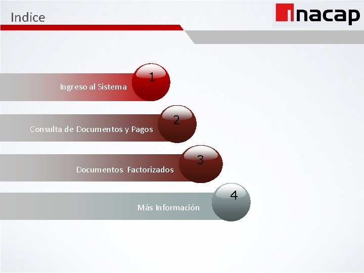 Indice Ingreso al Sistema 1 Consulta de Documentos y Pagos 2 Documentos Factorizados 3