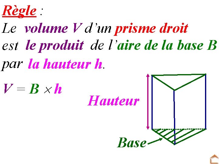 Règle : Le volume V d’un prisme droit est le produit de l’aire de