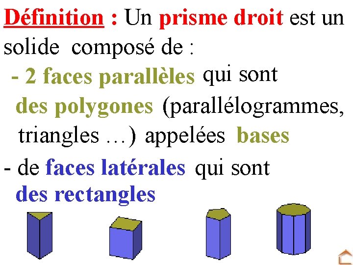 Définition : Un prisme droit est un solide composé de : - 2 faces
