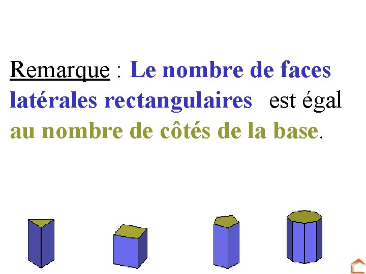 Remarque : Le nombre de faces latérales rectangulaires est égal au nombre de côtés