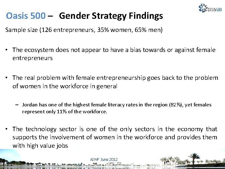 Oasis 500 – Gender Strategy Findings Sample size (126 entrepreneurs, 35% women, 65% men) Oasis 500 – Gender Strategy Findings Sample size (126 entrepreneurs, 35% women, 65% men)