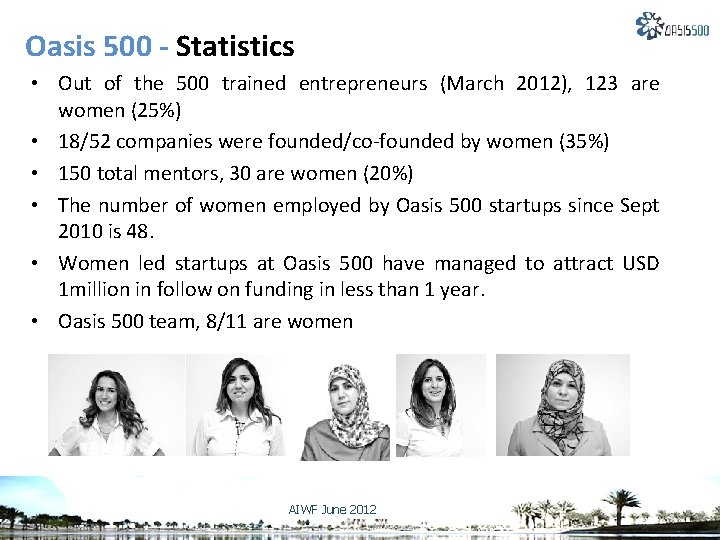 Oasis 500 - Statistics • Out of the 500 trained entrepreneurs (March 2012), 123 Oasis 500 - Statistics • Out of the 500 trained entrepreneurs (March 2012), 123