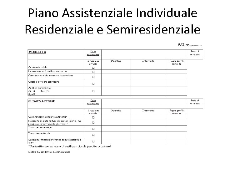 Piano Assistenziale Individuale Residenziale e Semiresidenziale 