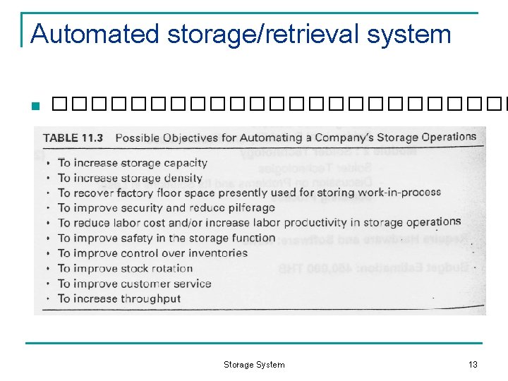 Automated storage/retrieval system n ������������ Storage System 13 