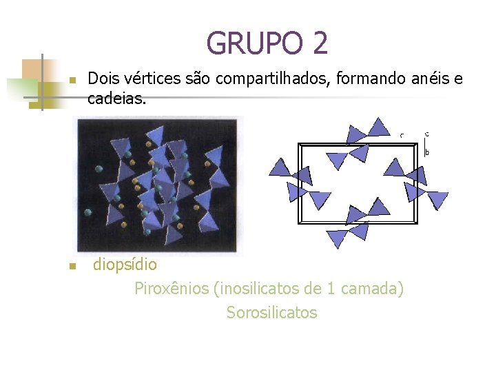 GRUPO 2 n Dois vértices são compartilhados, formando anéis e cadeias. n diopsídio Piroxênios
