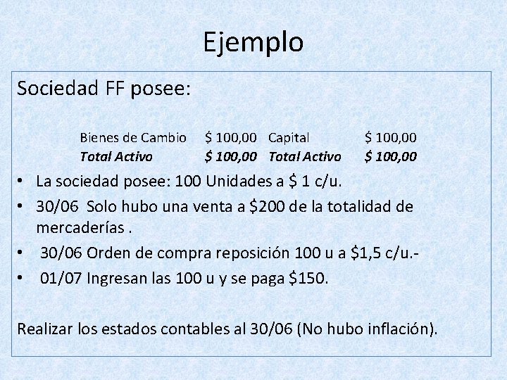 Ejemplo Sociedad FF posee: Bienes de Cambio Total Activo $ 100, 00 Capital $