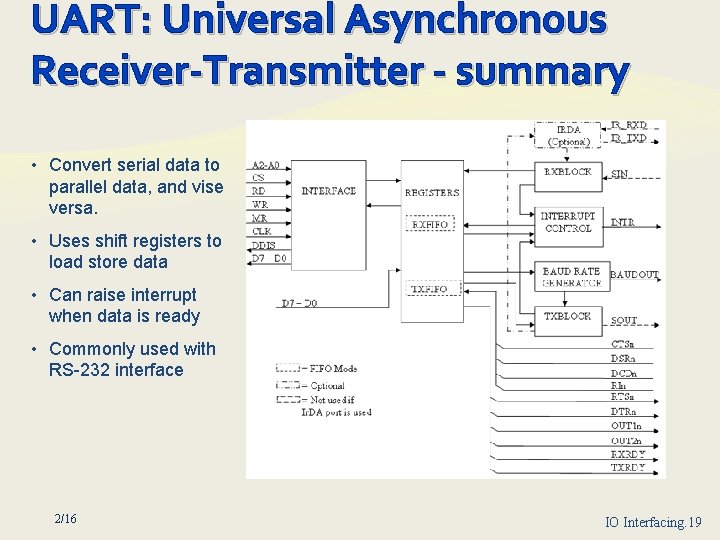 UART: Universal Asynchronous Receiver Transmitter summary • Convert serial data to parallel data, and