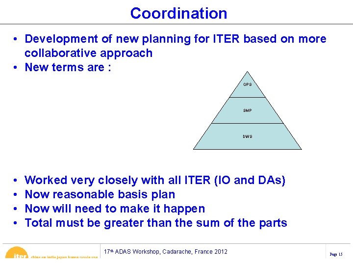 Coordination • Development of new planning for ITER based on more collaborative approach • Coordination • Development of new planning for ITER based on more collaborative approach •