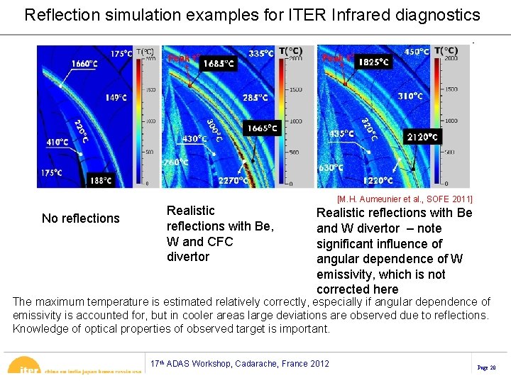 Reflection simulation examples for ITER Infrared diagnostics No reflections Realistic reflections with Be, W Reflection simulation examples for ITER Infrared diagnostics No reflections Realistic reflections with Be, W