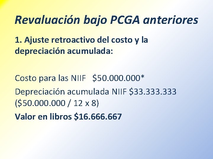 Revaluación bajo PCGA anteriores 1. Ajuste retroactivo del costo y la depreciación acumulada: Costo