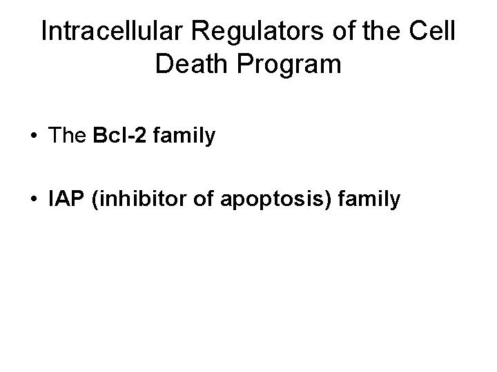 Intracellular Regulators of the Cell Death Program • The Bcl-2 family • IAP (inhibitor