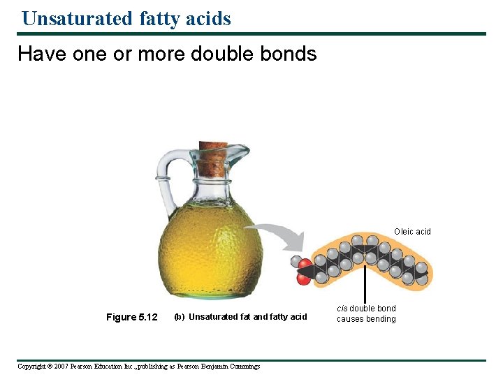 Unsaturated fatty acids Have one or more double bonds Oleic acid Figure 5. 12