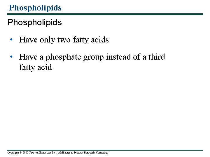 Phospholipids • Have only two fatty acids • Have a phosphate group instead of
