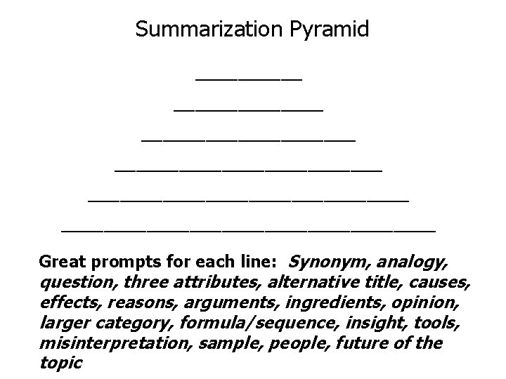 Summarization Pyramid __________________________________________ Great prompts for each line: Synonym, analogy, question, three attributes, alternative