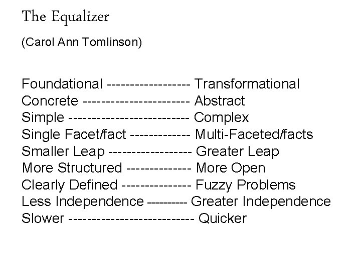 The Equalizer (Carol Ann Tomlinson) Foundational --------- Transformational Concrete ------------ Abstract Simple ------------- Complex
