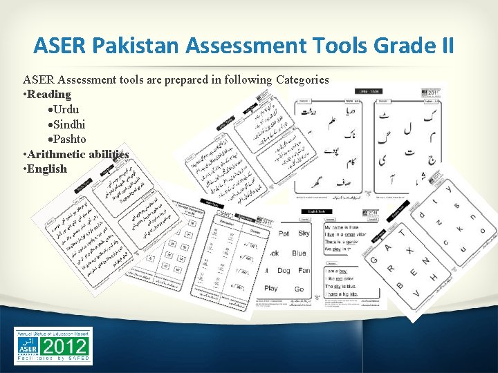 ASER Pakistan Assessment Tools Grade II ASER Assessment tools are prepared in following Categories