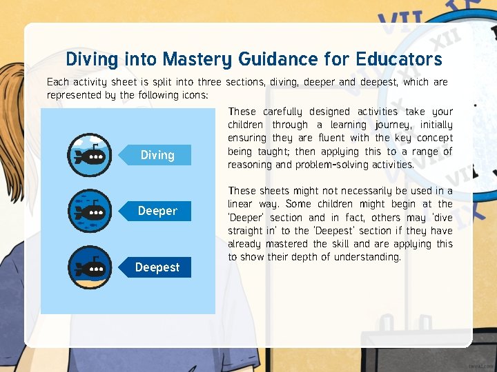 Diving into Mastery Guidance for Educators Each activity sheet is split into three sections,