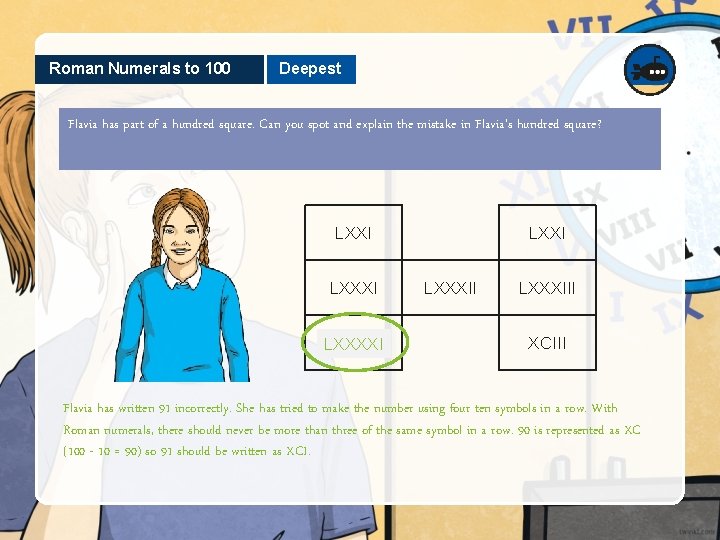 Roman Numerals to 100 Deepest Flavia has part of a hundred square. Can you