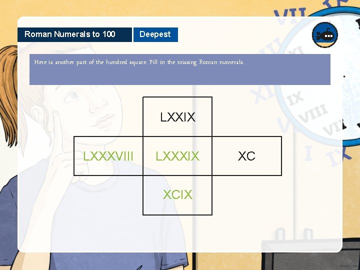 Roman Numerals to 100 Deepest Here is another part of the hundred square. Fill