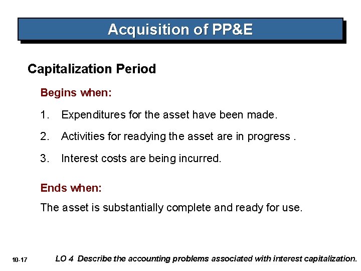 Acquisition of PP&E Capitalization Period Begins when: 1. Expenditures for the asset have been